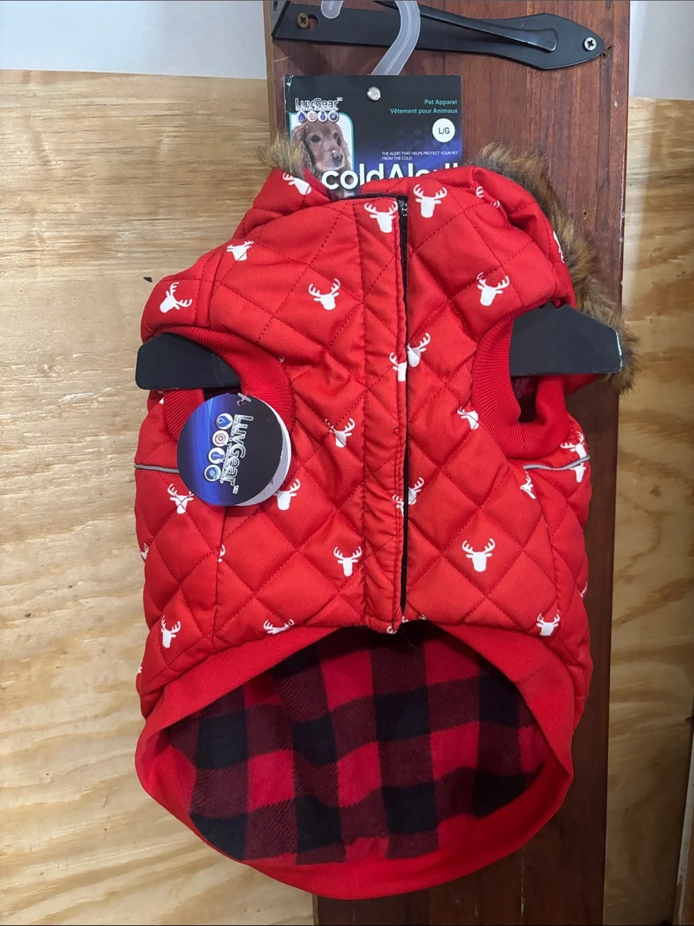 Red Quilted Puffer Jacket with Deer Print
